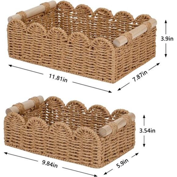 Set 2 Paper Rope Scalloped Edge Decor Basket, Neutral - Picture 3 of 5